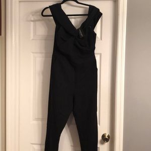 Black off shoulder front knot jumpsuit
